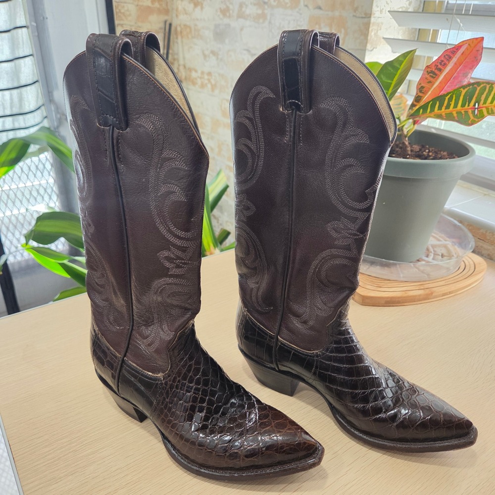 Vintage 80s Caiman Lizard Belly Western Boots Brown Exotic Leather J-Toe 5C=6.5